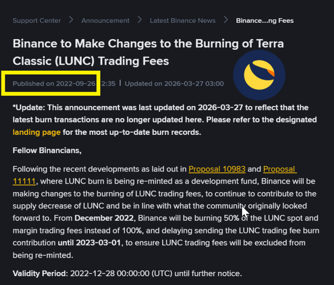 Binance announcement titled 'Binance to Make Changes to the Burning of Terra Classic (LUNC) Trading Fees' published on 2022-09-26, detailing reduced burn rate to 50% starting December 2022, citing Proposals 10983 and 11111.