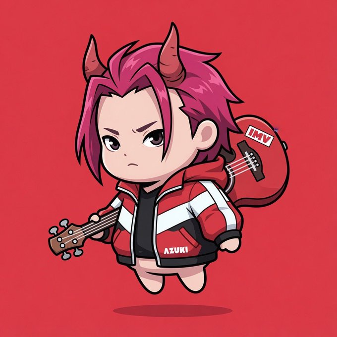 A chibi-style cartoon character with pink hair and red horns, wearing a red jacket labeled 'AZUKI', holds a bass guitar and stands against a red background with an 'IMV' guitar case.