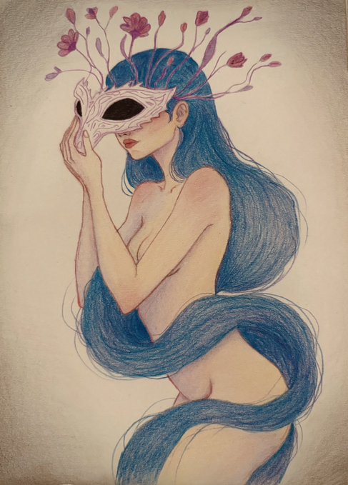 A colored pencil or digital drawing of a nude woman with long, flowing blue hair. She is holding a white masquerade mask to her face, and her hair is adorned with thin branches bearing pink flower blossoms.