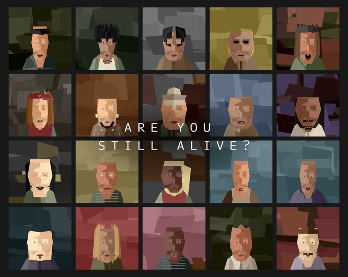 An illustrated grid of 20 stylized character portraits arranged in rows, with the text 'ARE YOU STILL ALIVE?' overlaid across the middle.