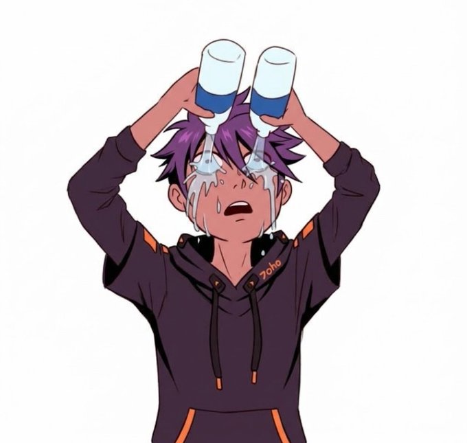 An anime-style drawing shows a purple-haired boy in a dark hoodie crying while pouring liquid from two white-and-blue bottles over his head.
