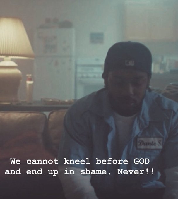 A bearded man in a backwards cap and denim shirt sits in a dimly lit kitchen, with the caption "We cannot kneel before GOD and end up in shame, Never!!" displayed alongside a name patch reading "Dante S." The image appears to share a motivational message of spiritual resilience that aligns with the post's mention of Beldex (a privacy-focused cryptocurrency community on X).