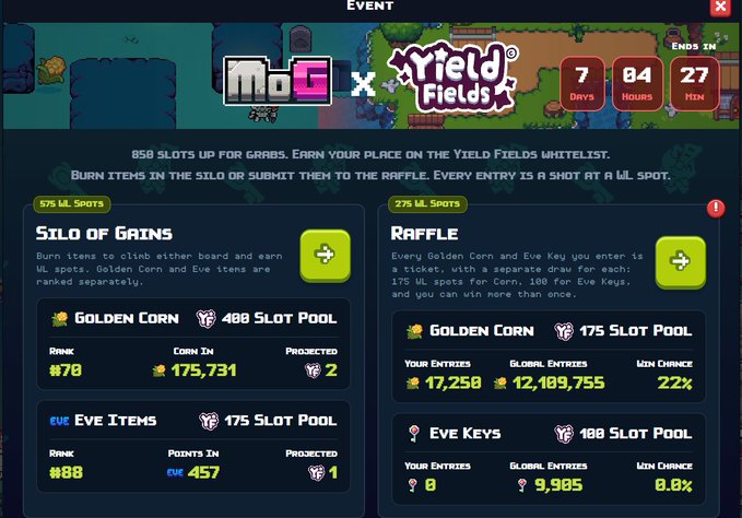 A screenshot of an in-game event screen from MoG x Yield Fields, displaying 'SILO OF GAINS' and 'RAFFLE' sections with countdown timers, slot pools for Golden Corn and Eve items, and user entry statistics.