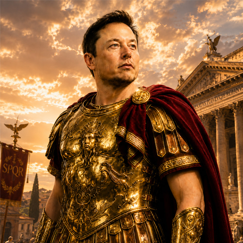 The image features a man dressed as a Roman soldier, wearing a full-body golden armor suit with a red cape. The man appears to be posing for a photo or video, possibly at an event related to the Doge Father Back project. The background of the image shows a building and a banner, which could be part of the event's venue or promotional materials. The caption provided in the image reads "The Father Returns. A project inspired by the spirit of Doge, powered by community, and built for those who believe in the journey".