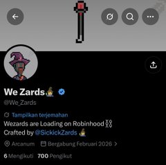 A pixel art wizard character with a purple hat appears on the @We_Zards Twitter profile, which displays 700 followers and 6 following under the display name "We Zards" with the bio mentioning a 3,333-piece Robinhood NFT collection crafted by @SickickZards, aligning with the announcement of their pixel art NFT launch on Robinhood chain.