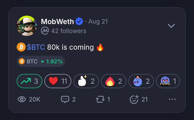 A social media post from user 'MobWeth' dated Aug 21, predicting '$BTC 80k is coming' with a fire emoji, showing BTC up 1.92% and 42 followers.