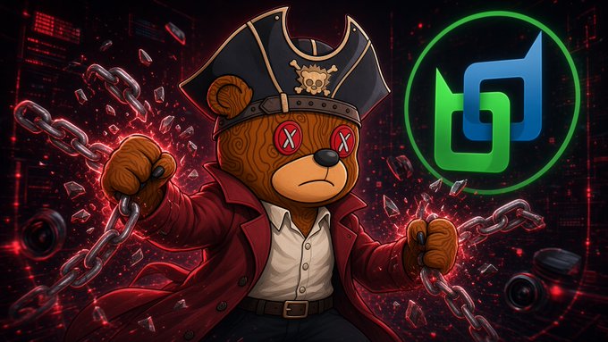 A digital illustration of a teddy bear dressed as a pirate with a tricorn hat, red coat, and chains breaking free, alongside a green and blue logo.