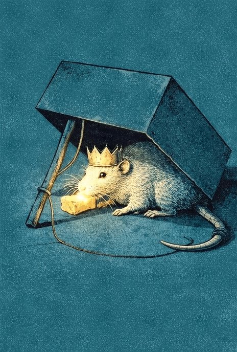 The image features an illustration of a mouse sitting under a box that has been decorated with a crown. The mouse appears to be wearing a crown, which adds a whimsical touch to the scene. The background of the image is blue, providing a contrasting backdrop for the mouse and its surroundings. The caption at the bottom of the image reads "Gm My own trap Sometimes a person becomes the architect of the very thing they fear". This phrase seems to be related to the mouse's situation in the box, as if it were an architectural design or trap created by someone who fears mice.