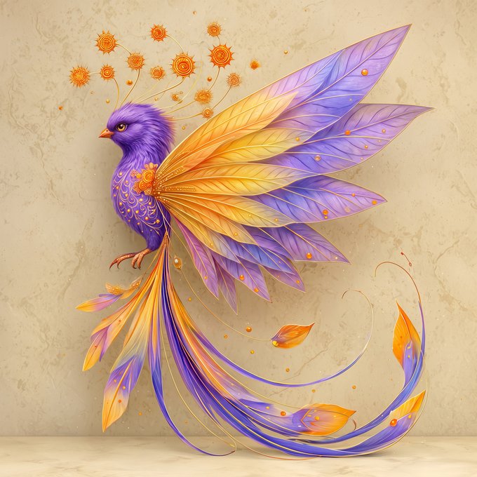 A vibrant digital illustration of a mythical bird with purple and golden feathers, decorated with sun-like motifs and ornamental patterns, displayed against a textured beige background.