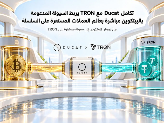 A futuristic graphic announcing the Ducat x TRON integration, featuring a golden Bitcoin and teal TRON tokens connected by a central Ducat module, with Arabic text reading "Ducat's integration with TRON links the supported Bitcoin-backed liquidity with the stablecoin world directly, securing Bitcoin on TRON as stablecoin liquidity."
