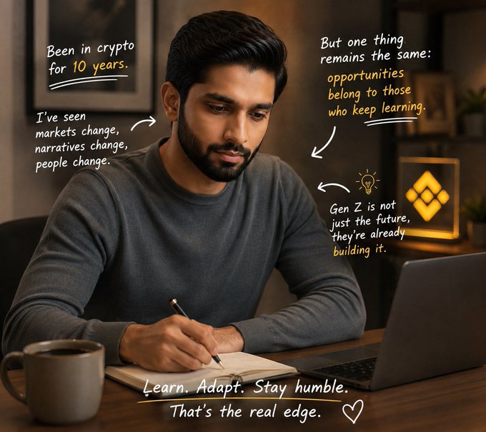 A man sits at a desk writing in a notebook with a laptop and coffee cup nearby, surrounded by handwritten-style annotations reading "Been in crypto for 10 years," "I've seen markets change, narratives change, people change," "But one thing remains the same: opportunities belong to those who keep learning," "Gen Z is not just the future, they're already building it," and "Learn. Adapt. Stay humble. That's the real edge." The image visually reinforces the post's message of decade-long experience and continuous learning in the evolving crypto landscape.