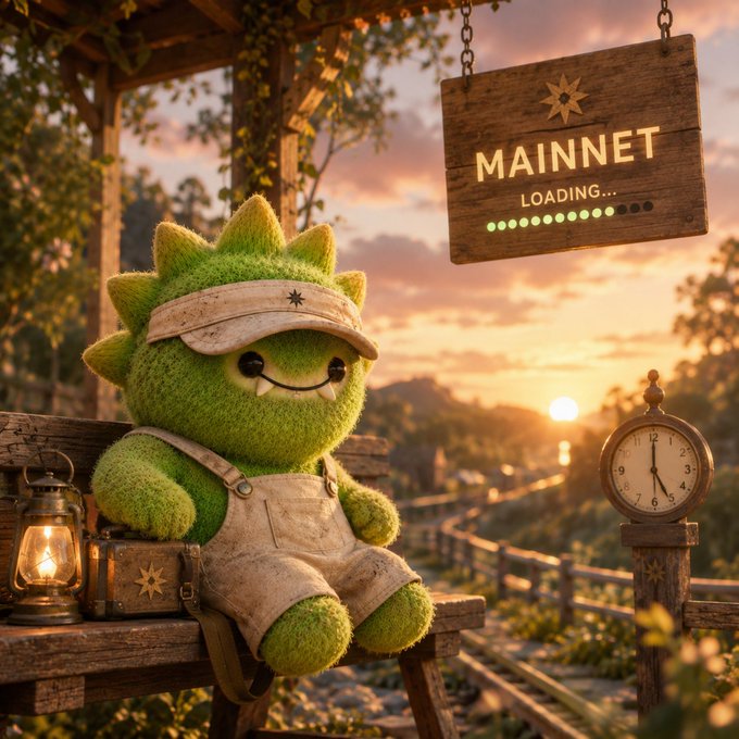 A 3D-rendered green fuzzy plush character wearing a visor and overalls sits on a wooden bench in a sunset setting, next to a hanging wooden sign that reads "MAINNET LOADING..." with green dots, an old clock, and a lantern.
