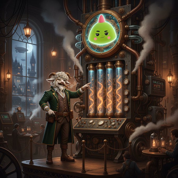 The image features a man dressed as a character from a video game, possibly a wizard or a robot, standing next to an old-fashioned steam engine machine. The steam engine has a green face with a pink nose and is surrounded by smoke. In front of the steam engine, there are two people sitting at tables, one on each side. A clock can be seen hanging above them.

The image also contains text that reads "caught the @sleepagotchi update and bruh its evolving quicker than i expected the ai sleep coach is the star now pulling wearable data to give you real breakdowns on what messed with your rest and how to fix your habits going forward with 2m users showing up daily". This suggests that there might be an ongoing beta testing phase for this video game, where players are providing feedback and suggestions for improvements.