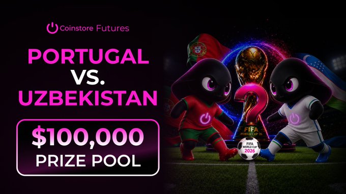The image features two cute cartoon soccer figures facing each other near a goalpost with a soccer ball positioned right between them. The background of the image is black, giving prominence to the soccer figures and ball. The text "Another World Cup showdown! Portugal or Uzbekistan? Can Portugal continue their march forward, or will Uzbekistan shock the world?" suggests that the post is promoting an event where people need to predict the outcome of a soccer match between Portugal or Uzbekistan. The post also mentions trade futures, which implies that it might be related to currency trading and the prize pool for guessing the correct answer.