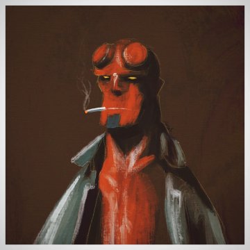 A dark, painterly portrait depicts a red-skinned humanoid figure with glowing yellow eyes, wearing goggles on its forehead and a jacket, with a cigarette in its mouth emitting smoke.