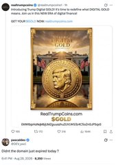 A promotional post for 'RealTrumpCoins' on X (formerly Twitter) advertises a new digital TRUMP GOLD coin and a $1000 giveaway, featuring an image of Donald Trump.