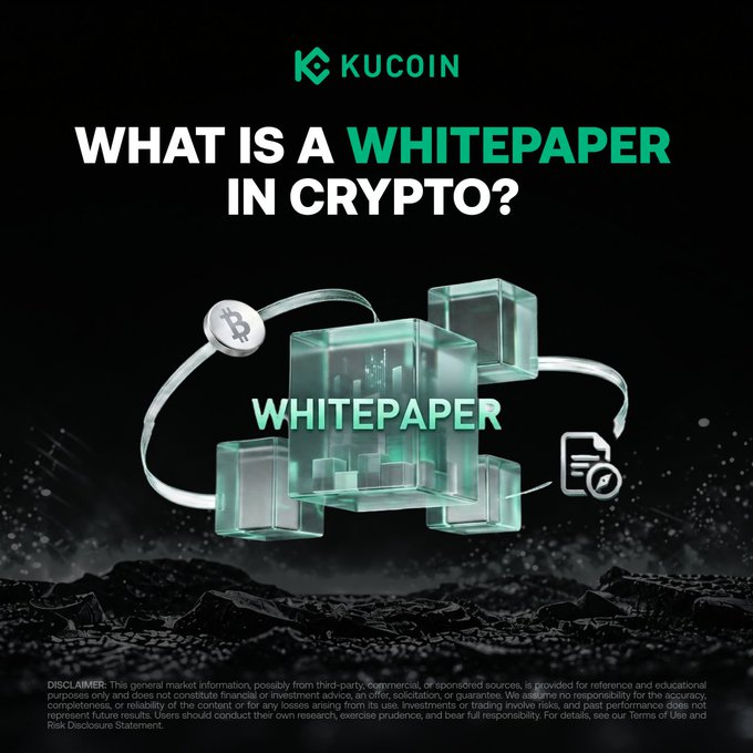 A KuCoin promotional graphic titled "What is a Whitepaper in Crypto?" featuring glowing teal cubes labeled "WHITEPAPER" with a Bitcoin symbol and document icons, illustrating the post's theme of analyzing crypto project documentation to identify legitimate innovation versus speculation in Web3.