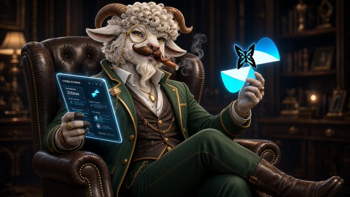 An anthropomorphic sheep character wearing a green suit and monocle sits in a leather armchair smoking a cigar, holding a glowing blue holographic tablet displaying "STORM SCORES 227.0GAINS" and balancing a glowing blue butterfly logo on one finger.