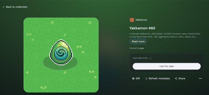 A Yakkamon NFT (#60) marketplace listing page displaying a green egg-like sprite on a grass background, with details describing it as a Genesis Yakkamon, owned by the user and ready to be listed for sale.