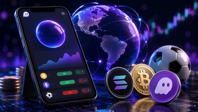 A promotional image featuring a smartphone displaying a trading app alongside cryptocurrency coins (Bitcoin, Solana, and what appears to be Phantom wallet logo), with a soccer ball and a glowing digital globe in the background.