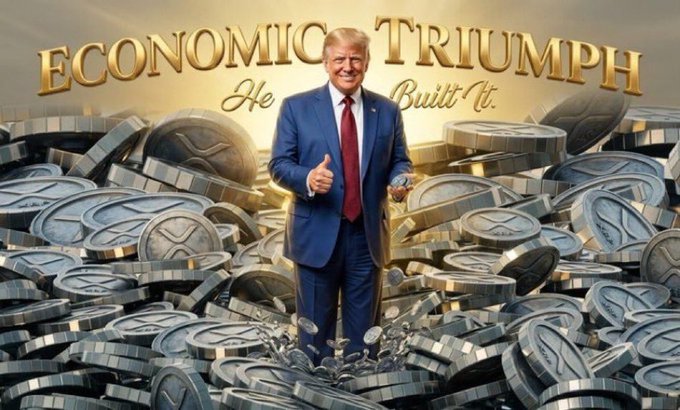 The image features a promotional graphic titled "ECONOMIC TRIUMPH He Built It," showing Donald Trump in a blue suit giving a thumbs-up while surrounded by vast piles of XRP cryptocurrency coins. The visual ties to the accompanying post by celebrating Trump's push to make America the global crypto capital, specifically highlighting XRP as a key asset beyond just Bitcoin in the new Clarity Act.