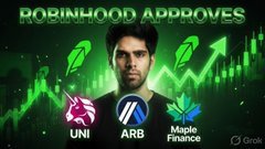 A man is shown in front of a green chart background with the text "ROBINHOOD APPROVES" at the top, alongside logos and tickers for UNI, ARB, and Maple Finance, visually reinforcing the post's message that the real opportunity lies in the surrounding DeFi ecosystem—$ARB, $UNI, and $SYRUP—rather than $HOOD itself.