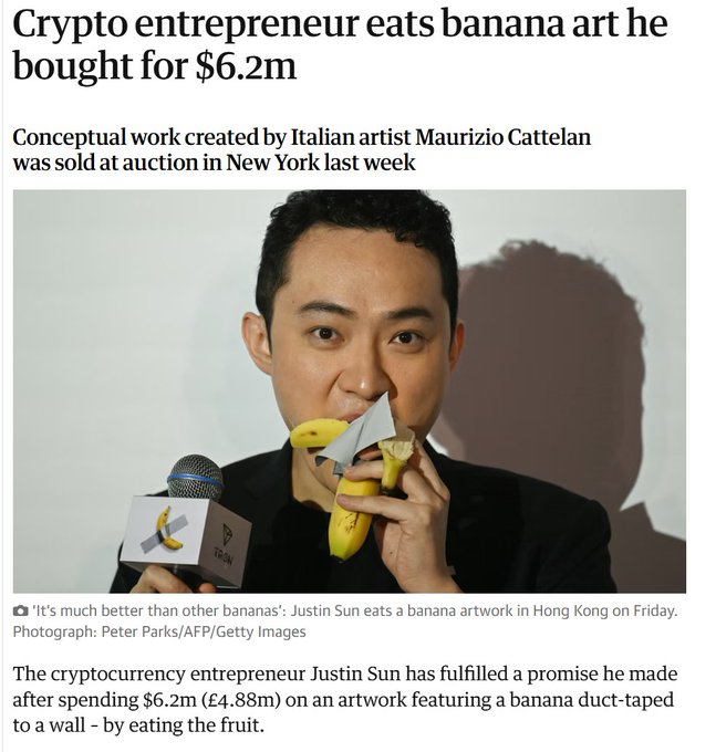 The image shows crypto entrepreneur Justin Sun eating the banana from Maurizio Cattelan's $6.2 million conceptual art piece "Comedian" at a press event in Hong Kong, as reported by The Guardian. The post humorously suggests that being "worth" only as much as a banana would be grounds for a bride to "rug pull" her partner, playing on crypto terminology by comparing Cattelan's absurdly expensive duct-taped banana to a low-ball wedding valuation.