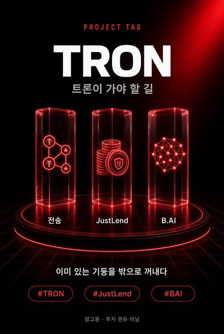 The image is a stylized promotional graphic titled "PROJECT TAG TRON" with the Korean subtitle "트론이 가야 할 길" (The Road TRON Must Take), featuring three glowing red wireframe icons displayed on a circular stage: a transfer/exchange symbol labeled "전송" (Transfer), a stack of coins labeled "JustLend," and a network/AI node symbol labeled "B.AI," with hashtags "#TRON #JustLend #BAI" and a small disclaimer "참고용·투자 권유 아님" (For reference only, not investment advice) at the bottom. This visual aligns with the accompanying post, which discusses TRON's path forward by highlighting how previously empty spaces in the ecosystem are being filled—particularly mentioning that lending infrastructure (JustLend, represented by the coin stack icon) has already reached global scale—suggesting the graphic serves as a visual roadmap of TRON's key active developments in transfer, lending, and AI.