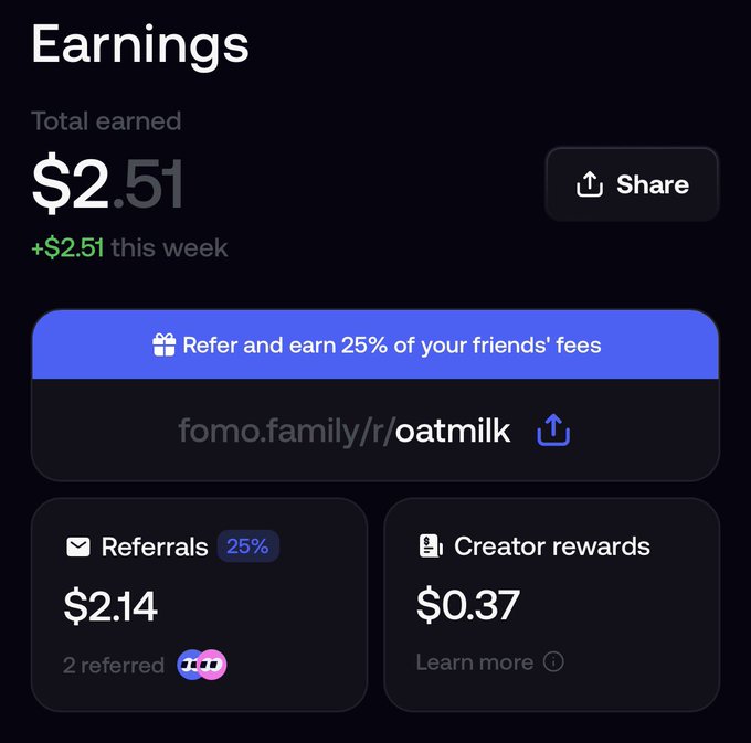 An earnings dashboard showing a total of $2.51 earned this week, with $2.14 from referrals (25% rate, 2 referred) and $0.37 in creator rewards.
