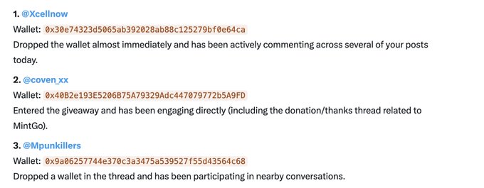A social media giveaway announcement congratulating three winners (@Xcellnow, @coven_xx, and @Mpunkillers) with their respective cryptocurrency wallet addresses (0x30e74323d5065ab392028ab88c125279bf0e64ca, 0x40B2e193E5206B75A79329Adc447079772b5A9FD, and 0x9a06257744e370c3a3475a539527f55d43564c68), noting each winner's engagement behavior such as dropping a wallet or commenting across posts.