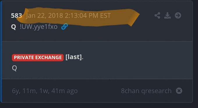 A screenshot from 8chan qresearch showing a post from 'Q' dated January 22, 2018, with a [PRIVATE EXCHANGE] [last] message, with the username obscured in orange.