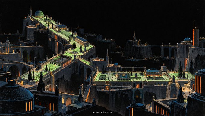 An illustrated fantasy cityscape at night with green-lit pathways winding through stone buildings and towers, watermarked 'vibeartist.xyz'.