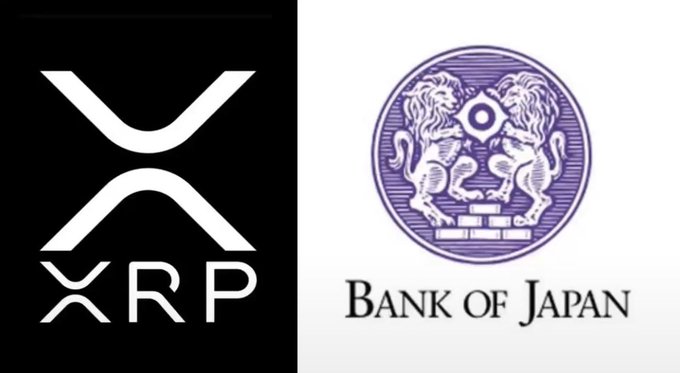 A side-by-side graphic showing the XRP logo on the left and the Bank of Japan seal on the right.