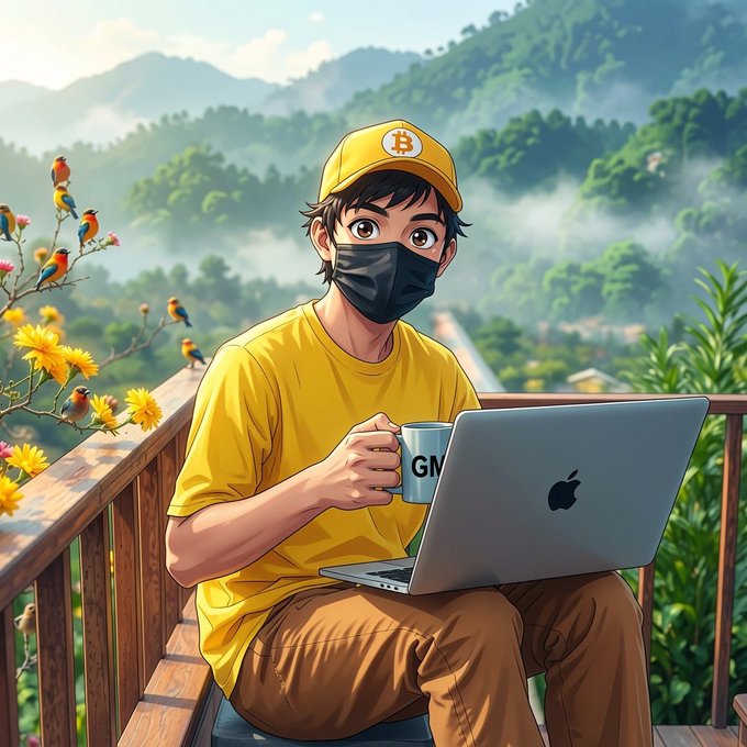 An anime-style illustration of a young man wearing a yellow Bitcoin cap and a black face mask, working on an Apple laptop while holding a mug on a scenic balcony.