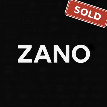 A black graphic with the white text 'ZANO' and a red 'SOLD' stamp in the upper right corner, set against a dark background featuring faint logos of various companies.