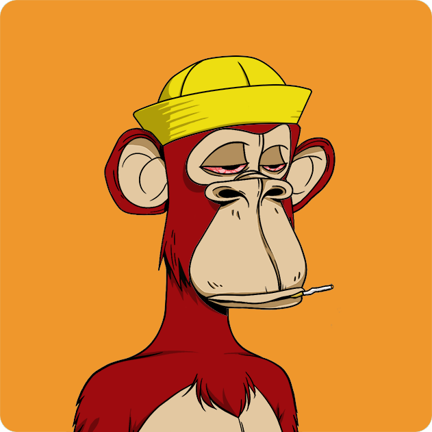A cartoon illustration depicts a Bored Ape-style monkey with a bored expression, wearing a yellow sailor hat and holding a cigarette, set against an orange background.