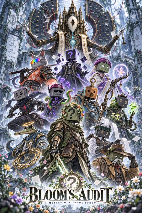 A fantasy video game promotional poster titled 'BLOOM'S AUDIT - A MYSTERIOUS D00DZ STORY' features various characters with question mark blocks for heads in a gothic setting.