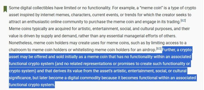 The image highlights an excerpt from SEC guidance defining meme coins and the transition pathway from digital collectible to commodity within a crypto system. The post connects this framework to $TIBBIR by @RibbitCapital, suggesting the asset could either follow the SEC's proposed Digital Collectible → Commodity → Security pathway or bypass managerial efforts entirely to gain value.