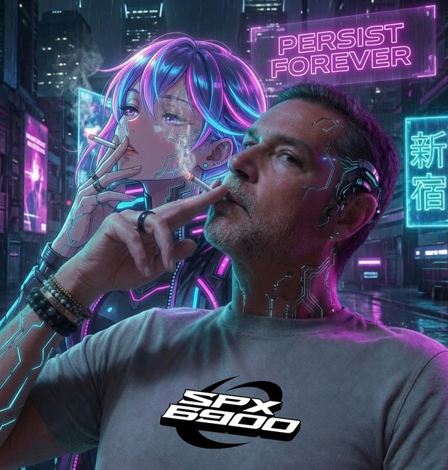 A futuristic cyberpunk illustration showing a man with cybernetic enhancements smoking, while a neon-haired anime-style woman stands behind him; a "PERSIST FOREVER" neon sign glows in the background and the shirt bears an "SPX 6900" logo.