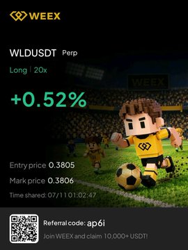Weex trading app screenshot showing WLDUSDT Perp position with +0.52% gain, entry price 0.3805, mark price 0.3806, referral code ap6i.