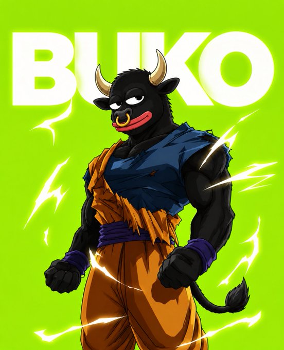 An anime-style illustration of a muscular bull character wearing a torn blue top and orange pants, set against a bright green background with the word 'BUKO' displayed at the top.