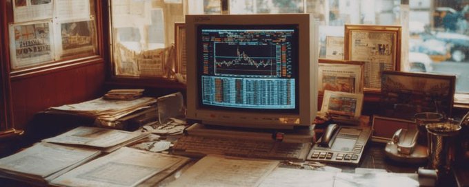 A vintage desktop computer displaying stock market charts and data sits on a cluttered desk surrounded by newspapers, financial publications, and a keyboard near a window.