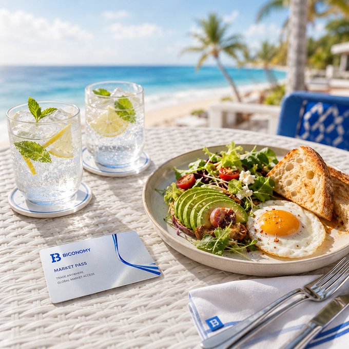 A luxurious beachside brunch featuring a fresh avocado salad, sunny-side-up egg, sliced bread, and two glasses of sparkling lemonade with mint and lemon, set against a serene ocean view. A "Biconomy Market Pass" card sits on the woven table, tying the tranquil "GM" lifestyle scene to the brand's message of trading anywhere while staying connected.

Key visible text: "B BICONOMY," "MARKET PASS," "TRADE ANYWHERE. GLOBAL MARKET ACCESS," and a "B" logo on the napkin.
