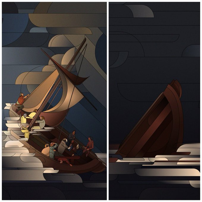 A two-panel stylized illustration in dark blue and brown tones depicts a boat with sail on the left and the same boat overturned in the water on the right.