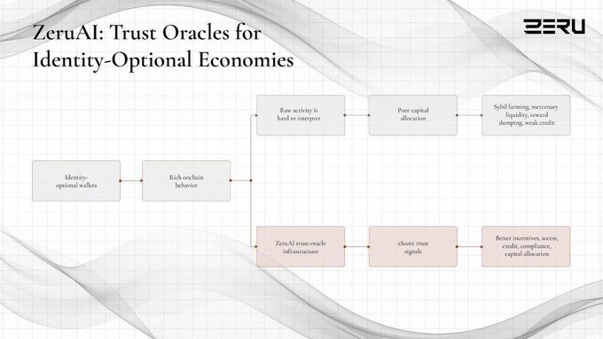 A flowchart titled 'ZeruAI: Trust Oracles for Identity-Optional Economics' by ZERU, illustrating two pathways comparing rich on-chain behavior analysis versus ZeruAI trust-oracle infrastructure.
