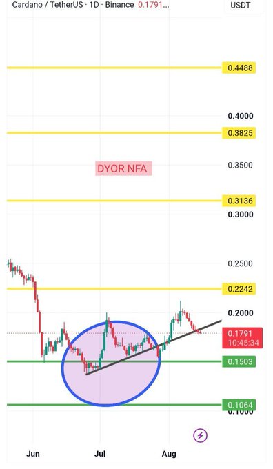 A daily Cardano (ADA/USDT) Binance chart displays a rounded-bottom formation with price currently at 0.1791, showing a breakout above the 0.1503 support zone and retesting a rising trendline, with key resistance levels marked at 0.2242, 0.3000, 0.3136, 0.3825, and 0.4488 USDT.