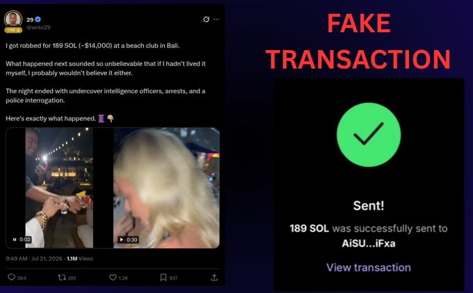 A viral X post claiming to show a 189 SOL (~$14,000) theft in Bali pairs with a fabricated "Sent!" transaction confirmation screenshot, debunked as fake rage-bait by a serial scammer.