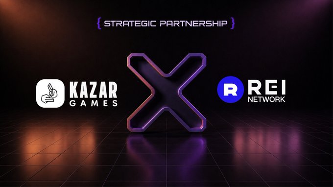 The image features a large purple x with the words "Kazar Games" written below it. The x is surrounded by smaller text that reads "REI Network", indicating a partnership between Kazar Games and REI Network. The background of the image is black, which contrasts with the purple x and makes it stand out.