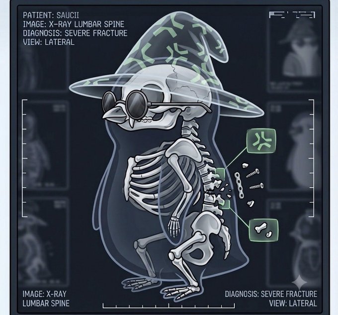 An X-ray style digital illustration depicts a skeleton wearing a wizard hat and sunglasses, labeled "PATIENT: SAUCII" with "DIAGNOSIS: SEVERE FRACTURE" in the lumbar spine.