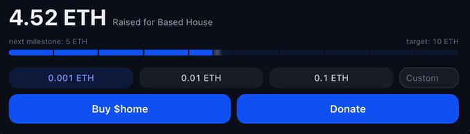 A fundraising widget showing 4.52 ETH raised for Based House, with progress toward a 5 ETH milestone and 10 ETH target, offering 0.001, 0.01, 0.1 ETH and Custom 'Buy Shome' and 'Donate' buttons.